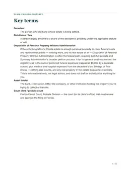 Glossary page of the Florida kit