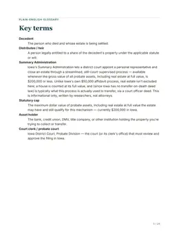 Glossary page of the Iowa guide